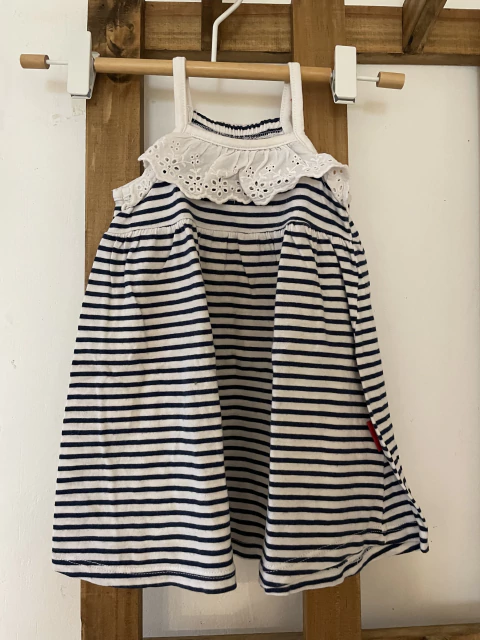 12M | Vestido azul a rayas con detalle en cuello blanco. MIMO. 12 meses.