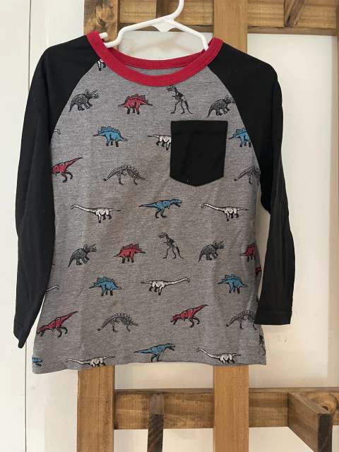 Remera ML gris y roja con dinos. GARANIMALS. 4 años.