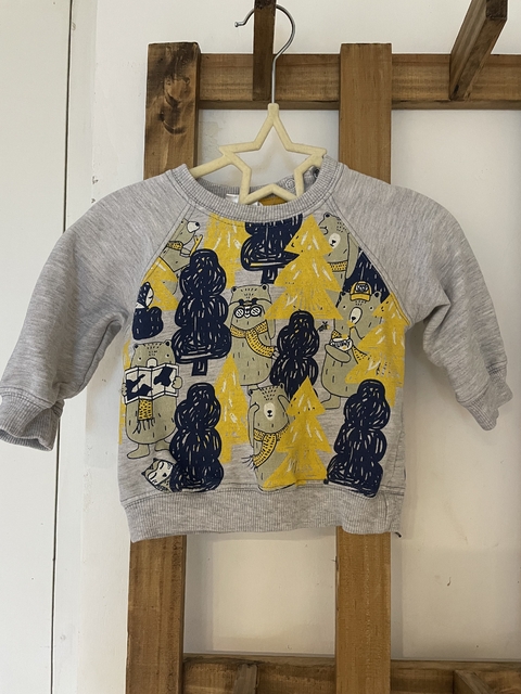 6M | Buzo gris con ositos azul y amarillo. 6 meses.