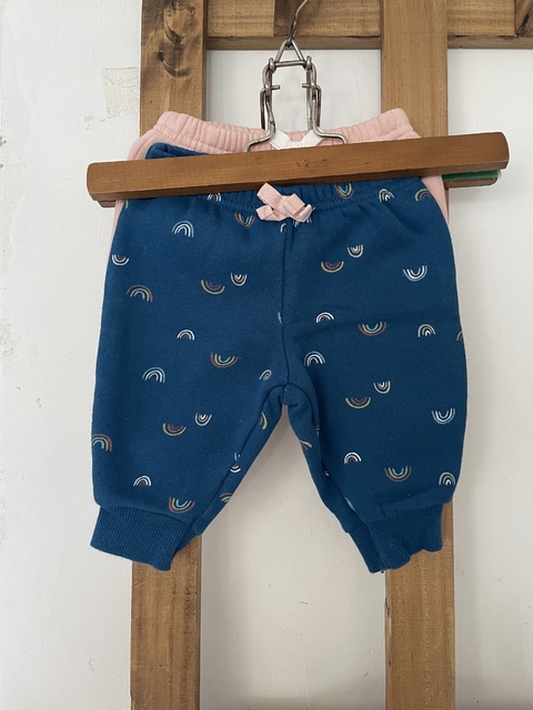 3M | Set- Dos pantalones jogging azul con arcoiris y rosa liso.