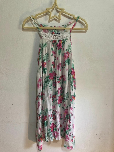 8/9A | Vestido blanco con flores hawainas. ORIGINAL. 8/9 años.
