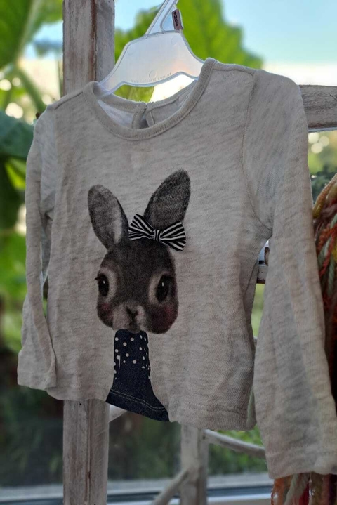 4/6M | Remera ML gris c/coneja glitter. H&M. Talle 4 a 6 meses