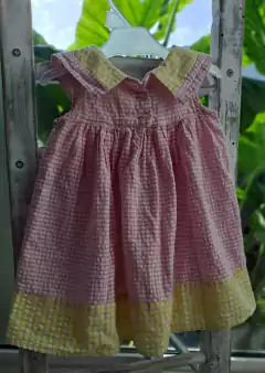 6M | Vestido a cuadros rosa con bordados de flores. Wooles Babes. 6 meses. - Lo Canto • Moda Circular