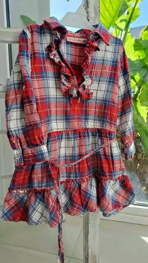Vestido ML escocés azul y rojo con cuello y volados. MIMO babies. Talle 1