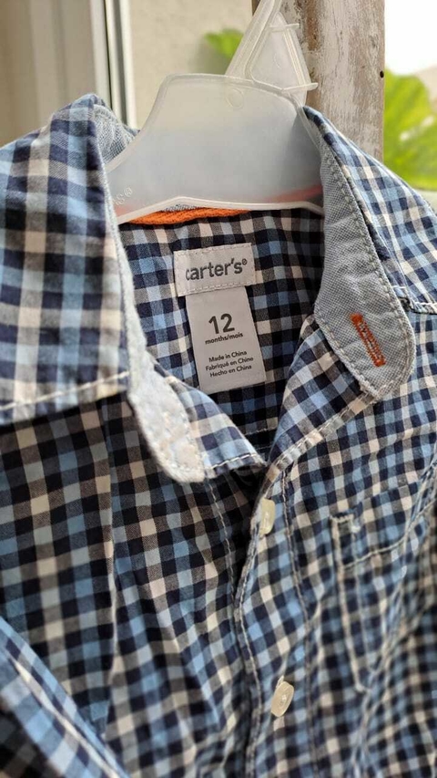 12M | Camisa ML a cuadros azul y celeste. CARTERS. Talle 12 meses