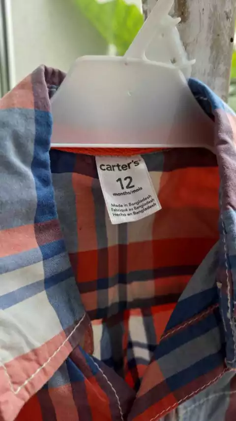 12M | Camisa ML a cuadros azul y naranja. CARTERS. Talle 12 meses