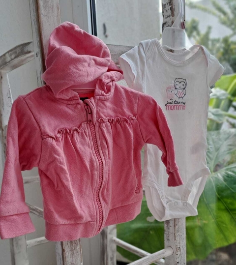 Set - Buzo algodón rosa miniMIMO + Body blanco MC "Lechuza" CARTERS. Talle 3 meses