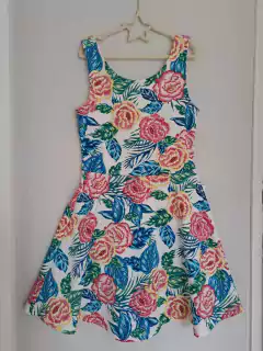 Vestido de flores en azul y naranja, grueso. -H&M .Talle 36 en internet