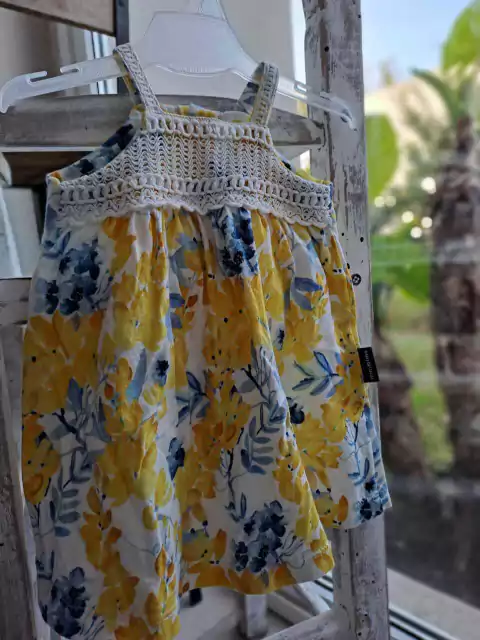 3M | Vestido tipo musculosa algodón y crochet estampada amarillo y azul - miniMIMO - Talle S.