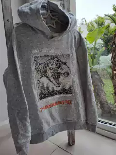 10A | OUTLET - Buzo canguro gris c lentejuelas "Tyrannosaurius Rex" - H&M - Talle 10 años - tienda online