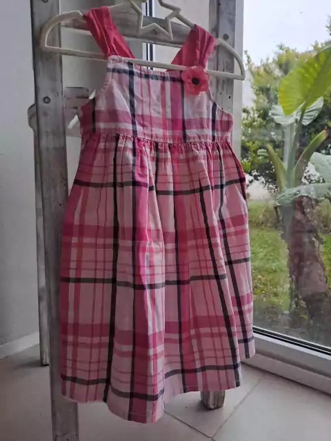 3A | Vestido a cuadros rosa y azul, forrado, SM c breteles anchos fucsia, aplique de flor-GYMBOREE -Talle 3 años