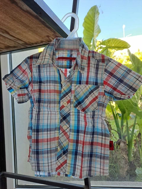 12M | Camisa MC a cuadros celeste y rojo - NUEVEOCHOCUATRO - Talle 12 meses