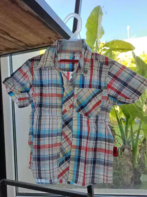 12M | Camisa MC a cuadros celeste y rojo - NUEVEOCHOCUATRO - Talle 12 meses