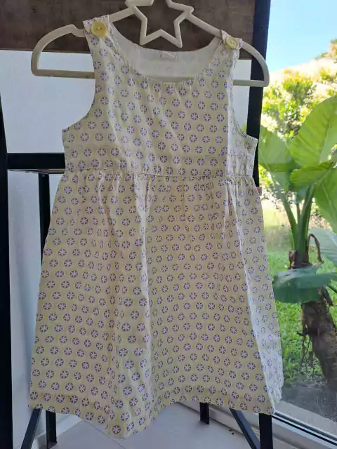 3A | Vestido SM con tira c botón, amarillo y lila forrado, con guardas - Talle 3 años