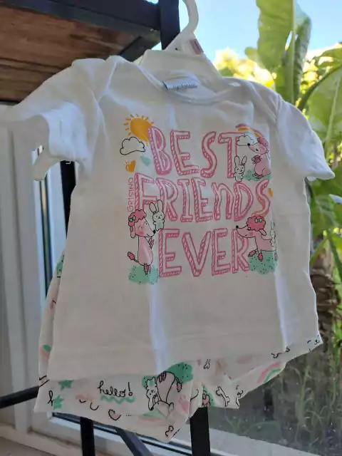 1/3M |Set remera de algodón blanca c letras rosas + short blanco c conejos - GRISINO - Talle 1-3 meses