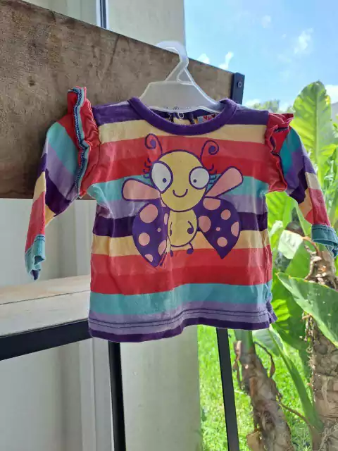 6M | Remera ML c volados, a rayas multicolor, c abeja - OWOKO - Talle 2 (6 meses)