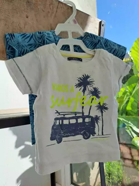 6/9M | Set: 2 remeras MC blanca c palmeras azules + celeste c hojas azules - MIMO - Talle M (6a9 meses)