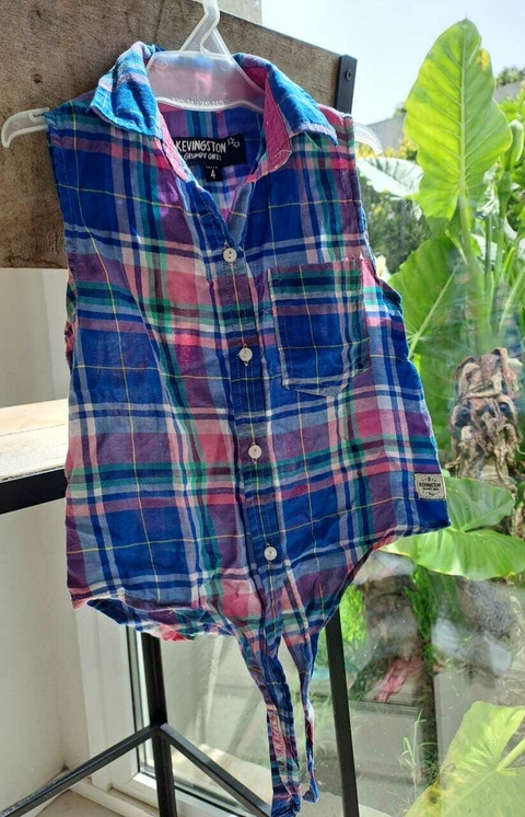 4A | Camisa SM a cuadros azul y rosa c tira en el centro para anudar -KEVINGSTON - Talle 4 años