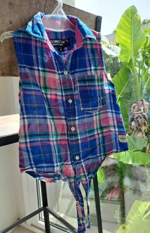 4A | Camisa SM a cuadros azul y rosa c tira en el centro para anudar -KEVINGSTON - Talle 4 años
