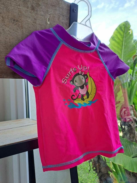 12M | Remera sde agua rosa c mangas violetas, estampa monito - GEORGE - Talle 12 meses