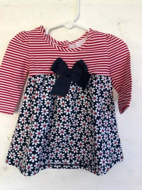 6M | Vestido ML con flores y rayas azul y rojo. Como nuevo. 6 meses.