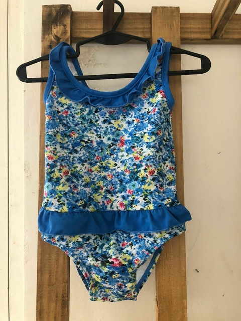 12/18M | Traje de baño azul con flores y volados. TEX. 12/18 meses.