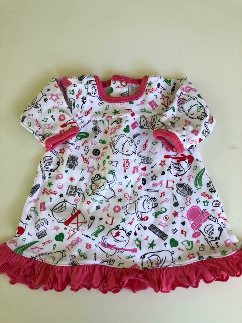 RN | Vestido blanco ML con dibujos.GRISINO. Recién nacido.