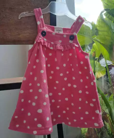 9M | Vestido SM polsr rosa fucsia c lunares blancos, botones azules - CARTERS - Talle 9 meses