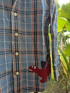 4A | Camisa ML a cuadros celeste y naranja, c aplique de dinosaurio - GYMBOREE - Talle 4 años en internet