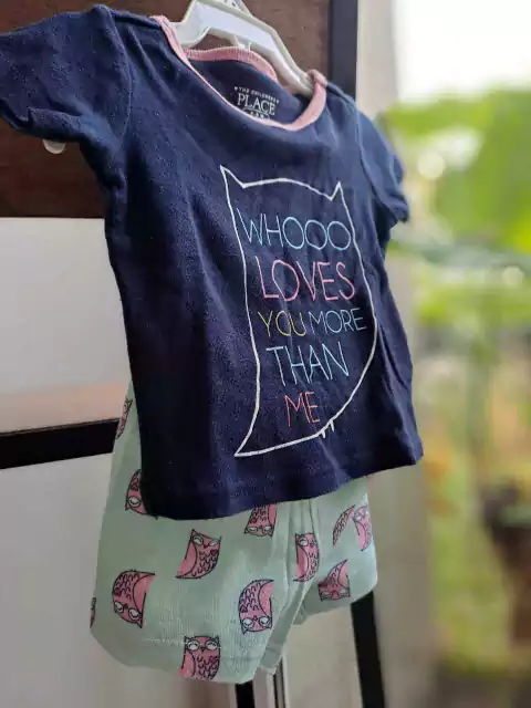 3/6M | Pijama 2 piezas algodon: short y remera MC azul, c buhos - PLACE - Talle 3 a 6 meses