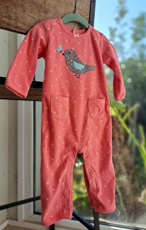 Pijama entero polar rosa c pajarito gris - CARTERS - Talle 12 meses