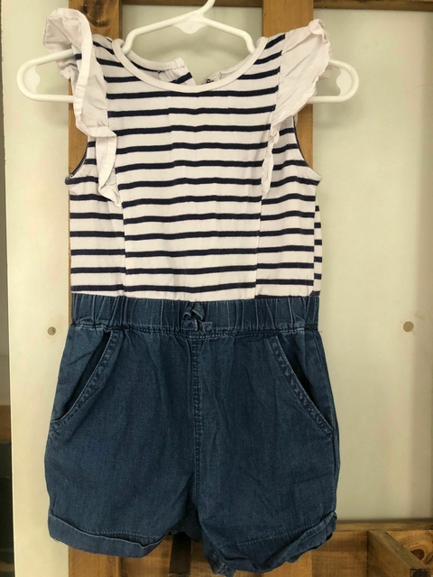 Enterito a rayas azul y blanco con short de denim. PRIMARK. 12/18 meses.