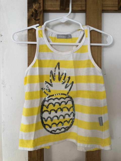 2A | Musculosa a rayas amarillas y blancas con anana de lentejuelas- MIMO. Talle 2. Como nueva.