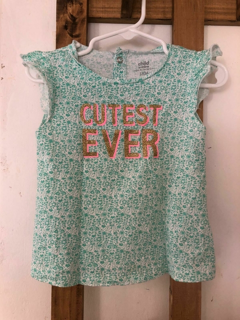 Remera sin mangas verde agua con letras doradas. CARTERS. 18 meses.