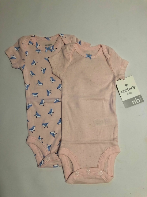 NUEVOS- Dos bodys MC rosa con pajaritos y rosa liso. CARTERS. Recién Nacido.