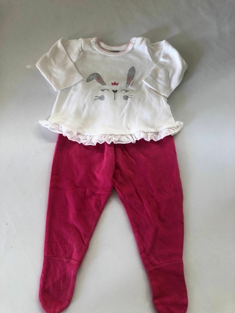 RN/1M | Remera ML blanca con conejo y volados y pantalón ranita rosa. Mini MMO. XS. RN/1 mes.