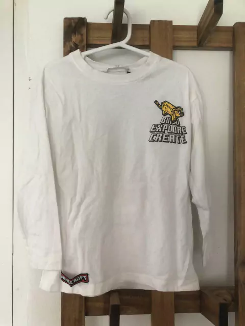 Remera ML blanca Minecraft. Con estampado en la espalda. ZARA. 7 años.