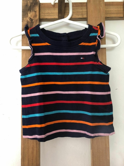 6M | Remera azul a rayas con volado en manga. TOMMY. 6 meses.