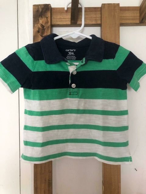 Outlet- Remera chomba de algodón a rayas azul y verde. CARTERS. 12 meses.