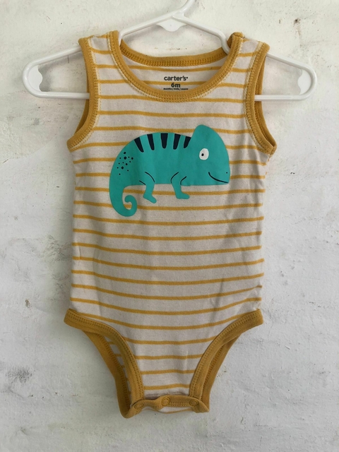 6M | Outlet- Body sin mangas a rayas amarillas con dino. CARTERS. 6 meses.