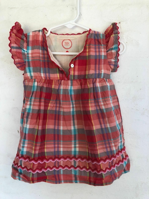 Vestido con volados en manguita rojo a cuadros. AKIABARA. 12 meses.