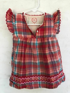 Vestido con volados en manguita rojo a cuadros. AKIABARA. 12 meses. - comprar online