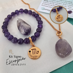 Kit signo escorpião de pedra ametista. Lupina Semijoias
