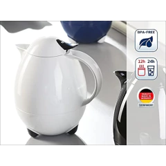 Garrafa térmica branca de plástico de 1 litro Leifheit, com design arredondado e tampa preta, ideal para manter bebidas quentes ou frias.