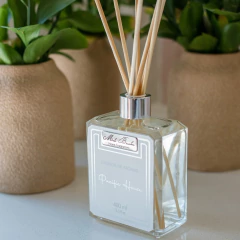 Frasco transparente de difusor para ambientes de aroma Pacific House com varetas, da marca Mels Brushes, imagem com vasos de barro com plantas verdes ao fundo.