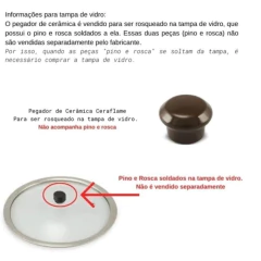 informação de rosquear o pegador no pino e rosca da tampa de vidro