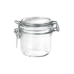 Pote hermético de vidro Bormioli Rocco com tampa de clipe, medindo 8,3x8,4cm e capacidade de 200ml.