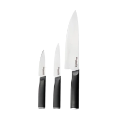 Jogo de três facas de aço japonês com cabo preto, ideal para corte de carnes.