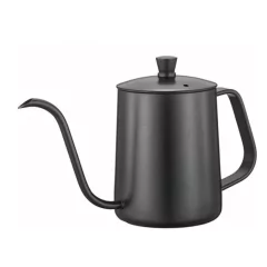 chaleira em aço inox escuro com bico alongado, tampa e pegador do mesmo material