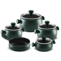 frigideira com cabo ondulado e panelas mate / verde com pegador formato bolinha com tampa de vidro